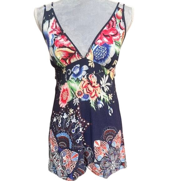 FARM RIO Navy Floral Patchwork Mini Dress Tunic Size (XS/S) Boho Brazil Viscose - Picture 1 of 6